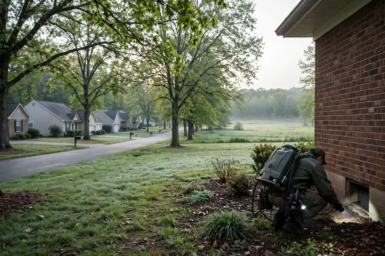 A local pest control provider inspecting a home in a leafy county suburb